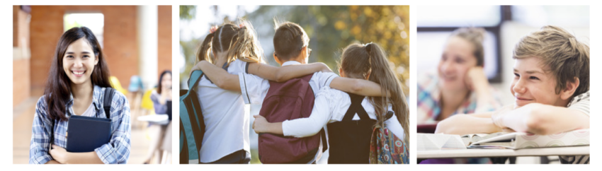 Three scenes of smiling students at school